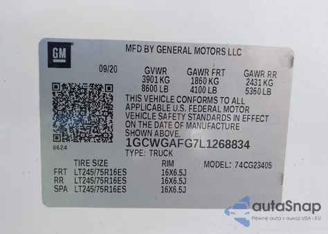 2020 Chevrolet Express Cargo Rwd 2500 Regular Wheelbase Wt из США, поврежденный, VIN 1GCWGAFG7L1268834